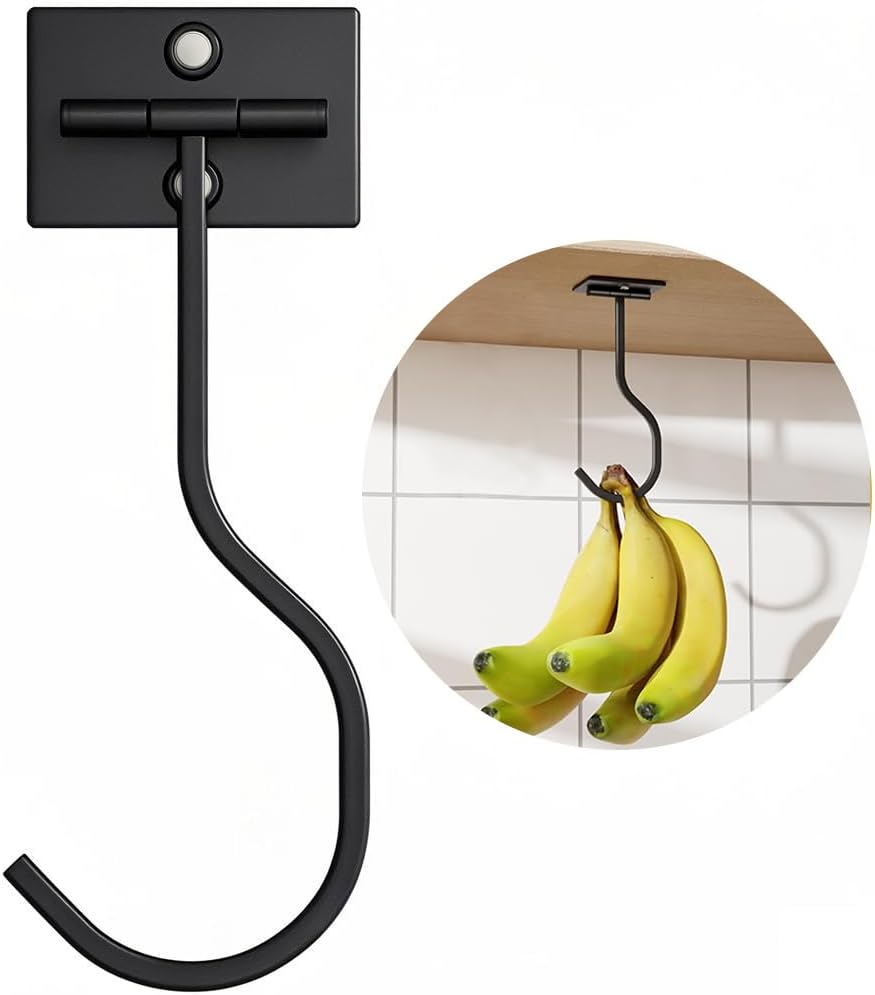 bussdis Under Cabinet Banana Hook Foldable - Adhesive Bananas Hanger. Heavy Duty Stainless Banana Holder (13lb). Magnetic Fold-Up When Not in Use. Premium Material. Black