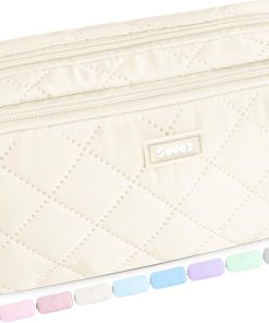 Sooez Large Pencil Case Pouch. Extra Big Pencil Bag with 8 Compartments. Pen Bag Wide Opening. Soft Quilted Pencil Pouch Organizer with Zipper. Portable Pencil Case for Teen Girls. Beige