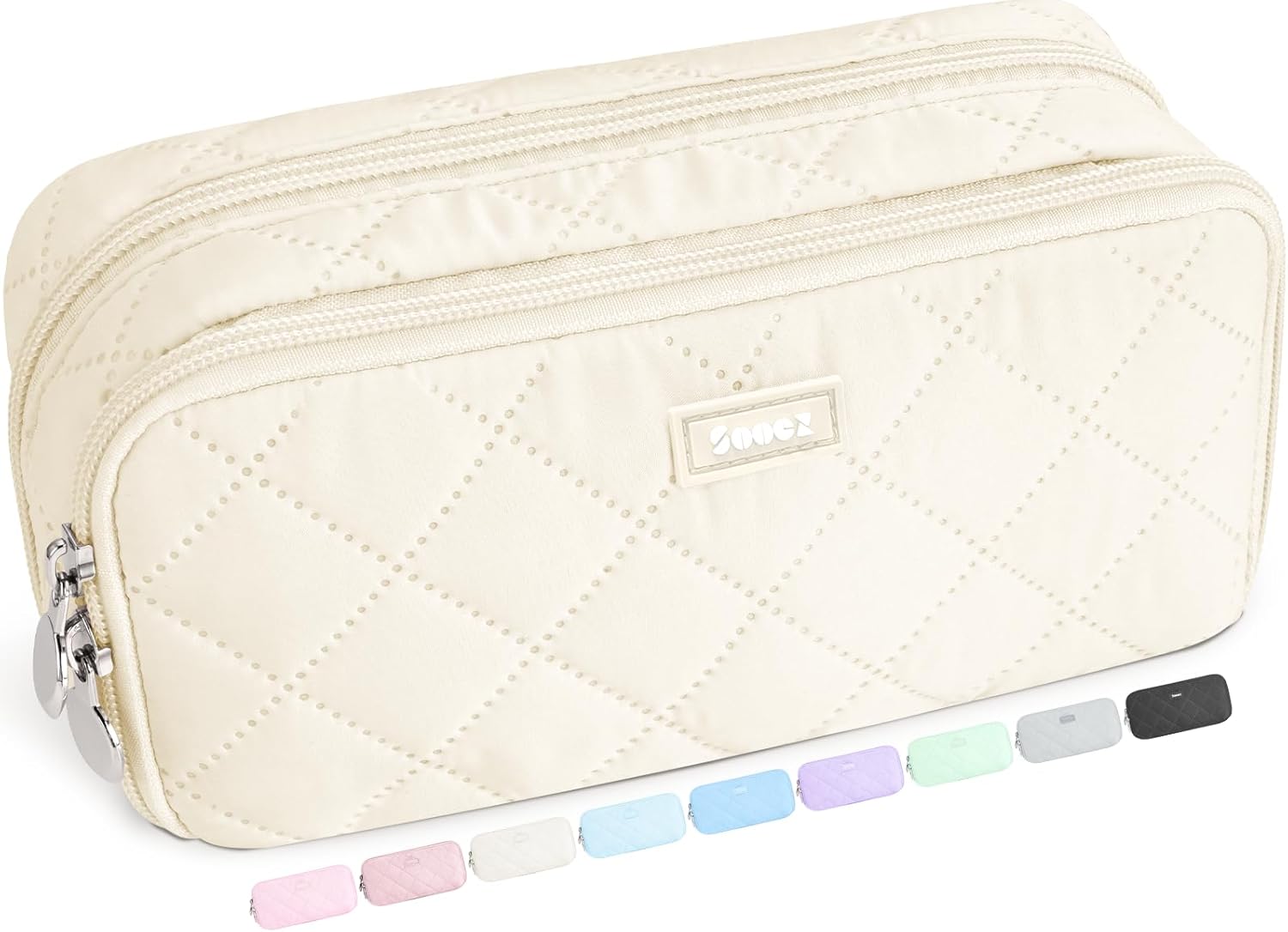 Sooez Large Pencil Case Pouch. Extra Big Pencil Bag with 8 Compartments. Pen Bag Wide Opening. Soft Quilted Pencil Pouch Organizer with Zipper. Portable Pencil Case for Teen Girls. Beige