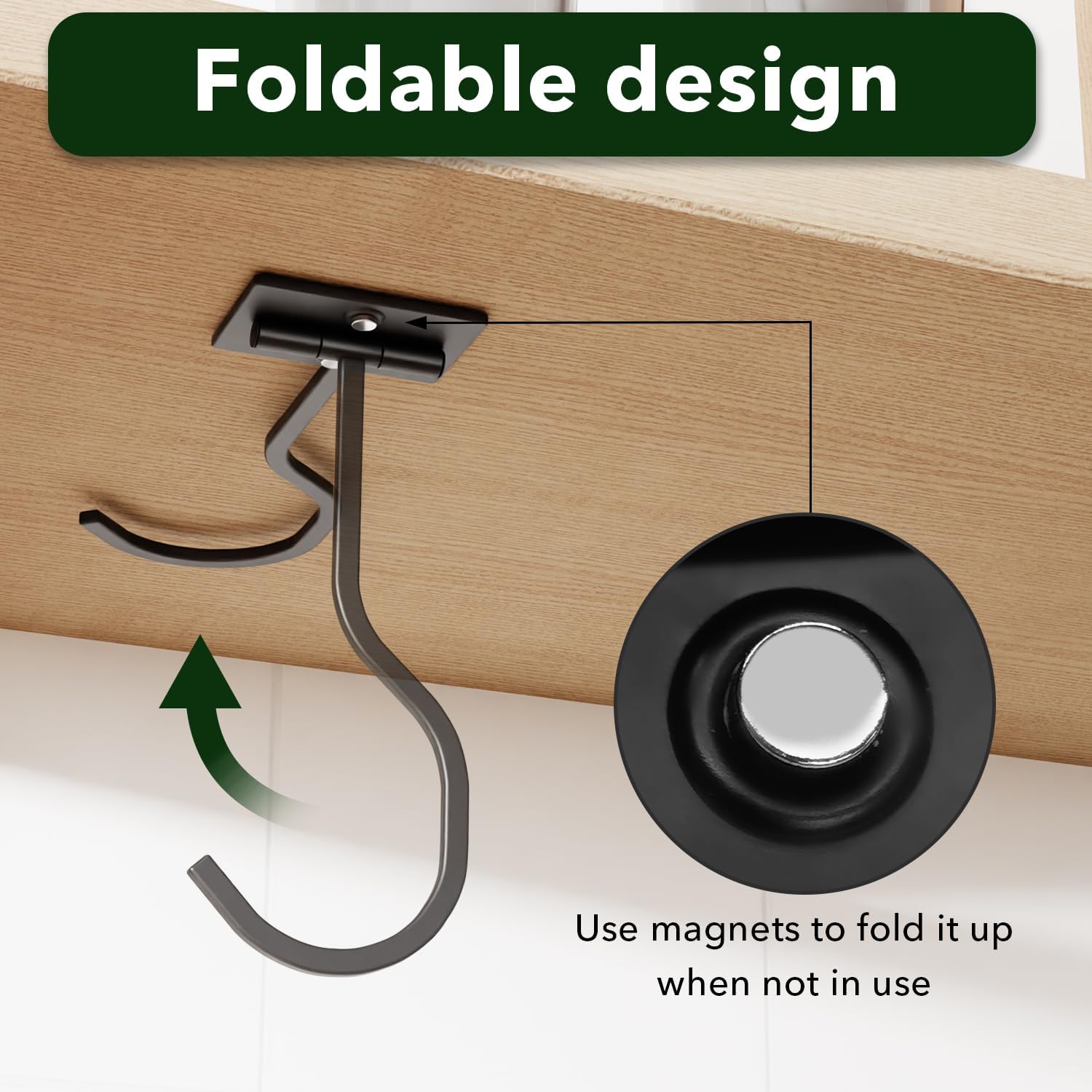 bussdis Under Cabinet Banana Hook Foldable - Adhesive Bananas Hanger. Heavy Duty Stainless Banana Holder (13lb). Magnetic Fold-Up When Not in Use. Premium Material. Black - Image 3
