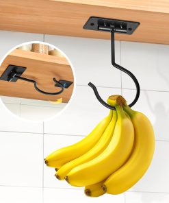 Self Adhesive Banana Hook Under Cabinet Foldable Banana Hanger Black Metal Under Counter Banana Hook to Keep Bananas Fresh Banana Holder for Kitchen RV Space Saving