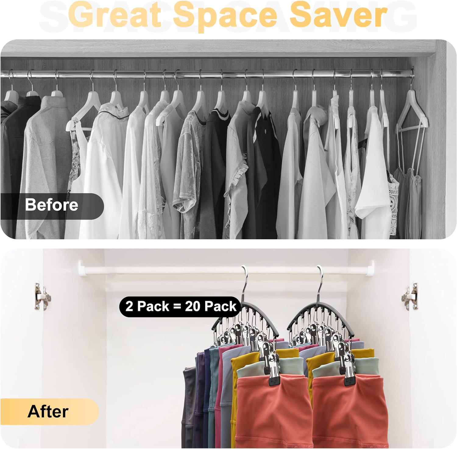 Volnamal Legging Organizer for Closet.2 Pack Metal Yoga Pants Hangers w/10 Clips Hold 20 Leggings.Space Saving Hanging Closet Organizer Clothes Hanger College Dorm Essentials Apartment Essential.Black - Image 3